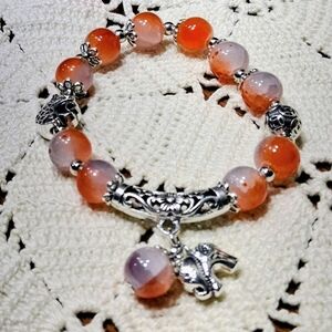 Lucky Elephant Bracelet Stretch Stone And Silver Koi Money Coin Asian Style